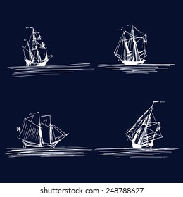 Vector set of sailing ships or boats in the sea in ink line style. Hand sketched schooners, sloops, brigantines. Marine theme design.