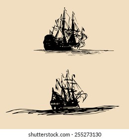 Vector set of sailing ships in the sea in ink line style. Hand sketched old warship silhouettes. Marine theme design.