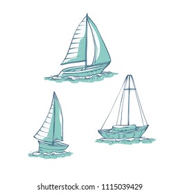 Vector set sailing yachts on sea waves. Water transport for travel, recreation and sports. Collection of line sketch illustrations isolated on white background