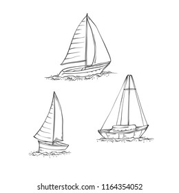 Vector set sailing yachts on sea waves. Water transport for travel, recreation and sports. Collection of black line sketch illustrations isolated on white background