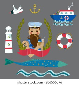 Vector set with sailor, boat, fish, lighthouse, seagulls and lifeline