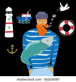 Vector set with a sailor smoking a pipe, with fish, lifeline, lighthouse, boat, anchor and gull