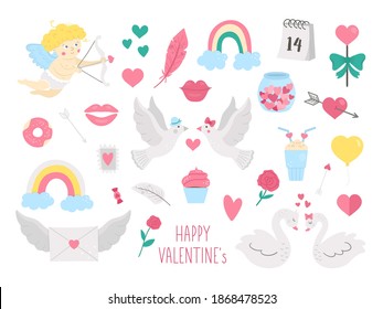 Vector set of Saint Valentine’s day symbols. Collection of cute characters and objects with love concept. Cupid, doves, hearts and swans isolated on white background. February holiday illustration