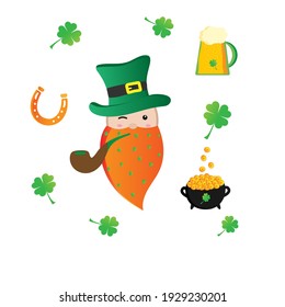 Vector set of Saint Patrick with a green hat with a red beard in clover with elements of a holiday pipe, a pot of coins, a horseshoe and a beer with a leaf of clover inside