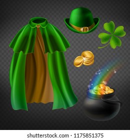 Vector set of saint Patricks day elements, isolated on background. Green cape of leprechaun, bowler hat, magic pot with gold coins and rainbow, shamrock, clover leaf. Clipart for your design