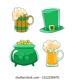 Vector set Saint Patricks Day. Green silk hat, pot of gold coins, shamrocks and beer stein. 