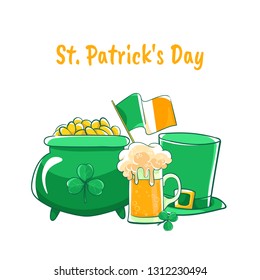 Vector set Saint Patricks Day. Green silk hat, flag Ireland, pot of gold coins, shamrocks and beer stein. 