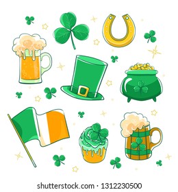 Vector set Saint Patricks Day. Green silk hat, flag Ireland, pot of gold coins, shamrocks, horseshoe and beer stein. 