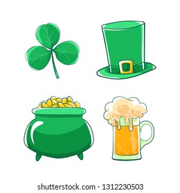 Vector set Saint Patricks Day. Green silk hat, pot of gold coins, shamrocks and beer stein. 