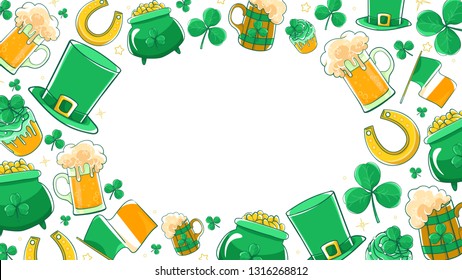 Vector set Saint Patricks Day. Green silk hat, flag Ireland, pot of gold coins, shamrocks, horseshoe and beer stein. 