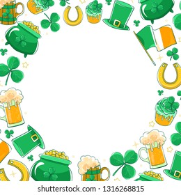 Vector set Saint Patricks Day. Green silk hat, flag Ireland, pot of gold coins, shamrocks, horseshoe and beer stein. 