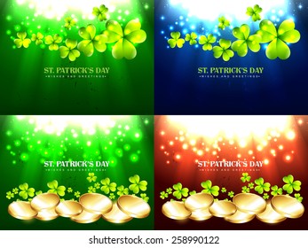 vector set of saint patrick's day background illustration with gold coins and clover 