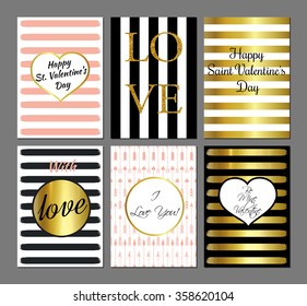 Vector set Saint Valentines Day modern cards in black, gold and pink colors.