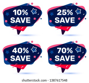Vector set of sale badge with different discount on white color background with shadow. Flat style speech bubble design for web, site, banner, advertising, sticker, price tag