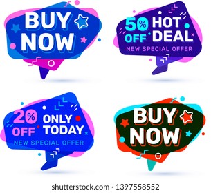 Vector set of sale badge with different text and shadow. Flat style speech bubble design on white color background for web, site, banner, advertising, sticker, price tag