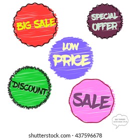 Vector set of sale badges template. Badges in vintage style. Sale badges icons with various texts. Badges in scratchy style. Collection of sale badges for various use, especially for discount events.