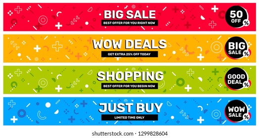 Vector set of sale banner template with graphic label on different color pattern background. Bright design for mobile app, application, web, site, advertising