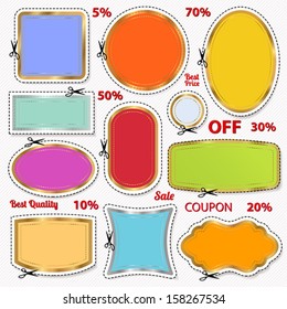 Vector set: Sale Coupon, labels (banner, tag) white template (vector design, layout) with blank frame, dotted line (dash line), red percent, scissors (cut off, cutting). Save money, get discount
