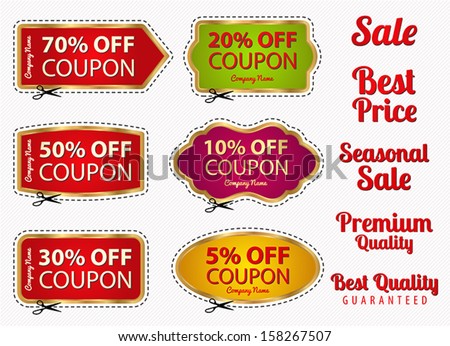 Vector set: Sale Coupon, labels (banner, tag) white template (vector design, layout) with blank frame, dotted line (dash line), red percent, scissors (cut off, cutting). Save money, get discount