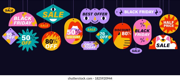 Vector set of sale discount black friday stickers, labels, badges or tags. Web banner. Modern and colorful promotion marketing