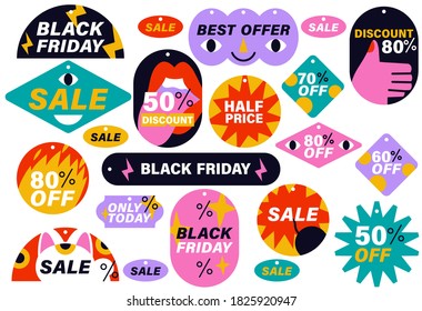 Vector set of sale discount black friday stickers, labels, badges or tags. Modern and colorful promotion marketing