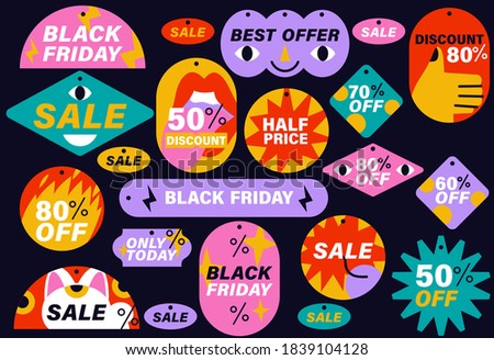 Vector set of sale discount black friday stickers, labels, badges or tags. Modern and colorful promotion marketing