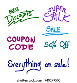 vector set of sale and discount handwritten text, marketing design elements