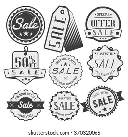 Vector set of sale and discount labels, badges, tags and icons. Special offer illustration. Design elements, emblems and stickers in monochrome style.