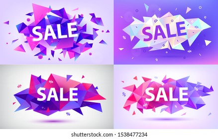 Vector set sale faceted 3d banners, posters. Colorful illustration