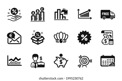 Vector set of Sale, Graph chart and Crown icons simple set. Target, Discount and Loan percent icons. Decreasing graph, Chart and Businessman case signs. Sale simple web symbol. Vector