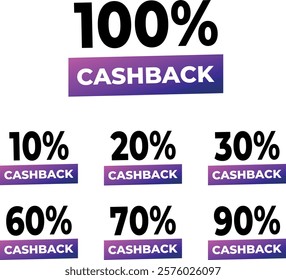 Vector set of sale icons 10%, 20%, 30%,  60%, 70%, 80%, 90%,100%with cashback percentages. Vector set of sale tag icons. Sale offer price sign. Special offer symbol. Discount promotion.