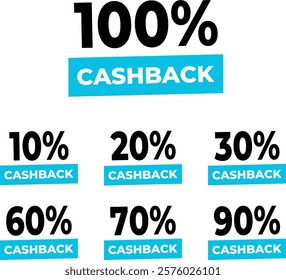 Vector set of sale icons 10%, 20%, 30%,  60%, 70%, 80%, 90%,100%with cashback percentages. Vector set of sale tag icons. Sale offer price sign. Special offer symbol. Discount promotion.