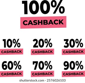 Vector set of sale icons 10%, 20%, 30%,  60%, 70%, 80%, 90%,100%with cashback percentages. Vector set of sale tag icons. Sale offer price sign. Special offer symbol. Discount promotion.