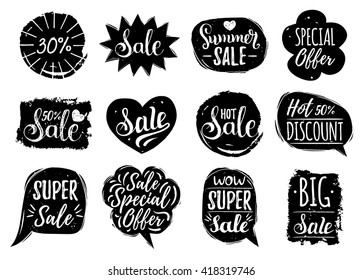 Vector set of Sale lettering in comic speech bubbles. Discount cards collection: Special Offer etc. Hand drawn illustrations of labels and logos.