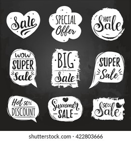 Vector set of Sale lettering in comic speech bubbles. Discount cards collection: Special Offer etc. Hand drawn illustrations of labels and logos.