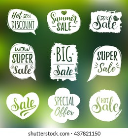 Vector set of Sale lettering in comic speech bubbles. Discount cards collection: Special Offer etc. Hand drawn illustrations of labels and logos.