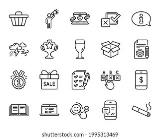 Juego de vectores de la oferta de venta, aprobados e íconos de línea de información. Casilla de verificación, Casilla de apertura e iconos de conferencias Web. Lista de verificación de encuestas, signos de victoria y educación. Símbolo web de oferta de venta. Vector