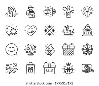 Vector set of Sale offer, Delivery discount and Love champagne line icons set. Holidays shopping, Discount and Sale megaphone icons. Puzzle, Cancel flight and Yummy smile signs. Vector