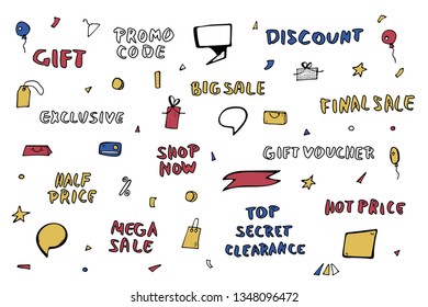 Vector set of sale phrases and objects for promotion banners. Collection promo items and inscriptions in doodle style. Top Secret Clearance, Half Price, Gift, Discount and other messages.