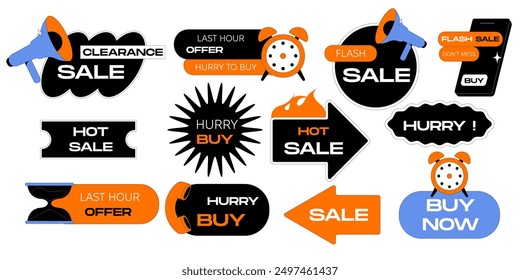 Vector set of sale promo stickers with alarm clock, calendar, stopwatch, megaphone. Hot sales, special deal, this week only and buy now icons. Discount labels, final day logos.