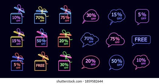 Vector Set of Sale Signs, Gift Boxes and Talk Bubbles, Colorful Neon Illustration Isolated on Black  Background, Shining Lines.