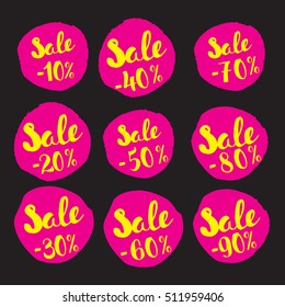 Vector set of Sale stickers. Discount card set of Special Offer, Hot, Super, Big, Summer Sale. Hand drawn collection of labels and logos.