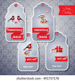 Vector set of sale tags. Includes bullfinch, gifts, rowan, snowflake seamless background and handwritten words Merry Christmas. Xmas sale offer. Sale stickers with winter emblem. Christmas collection.