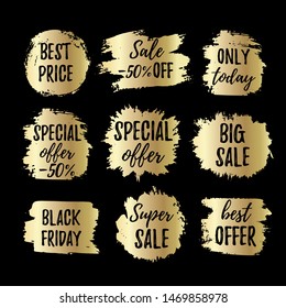 Vector set of sale tags on a golden paint spots isolated on black background.Perfect for website, badge, poster, cover, booklet, print, flyer, blank, card, ad.