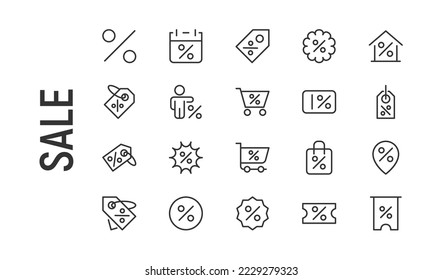 Vector set of sale thin line icons. Design of 20 stroke pictograms. Signs of sale isolated on a white background.