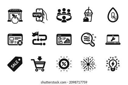 Vector set of Sale ticket, Market and Online market icons simple set. Fireworks explosion, Reject web and Inspiration icons. Ice cream milkshake, Travel path and Skin condition signs. Vector