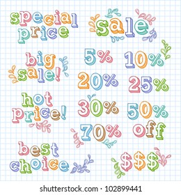 Vector set of sale titles. Hand written letters and figures