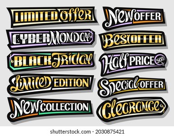 Conjunto de vectores para ventas, señalización de anuncios decorativos oscuros para la venta de viernes negro y lunes cibernético, gran colección de etiquetas horizontales de colores aisladas con letras manuscritas para eslóganes de venta corta.