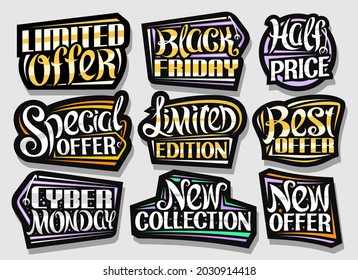 Conjunto de vectores para ventas, señalización de anuncios decorativos oscuros para la venta de viernes negro y ciberlunes, colección de montones de coloridos y aislados precios con una única letra manuscrita para eslóganes de venta corta.