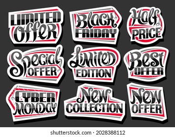 Vector set for Sales, decorative cut paper ad signboards for black friday and cyber monday sale, lot collection of isolated pricetags with unique brush handwritten lettering for short sales slogans.